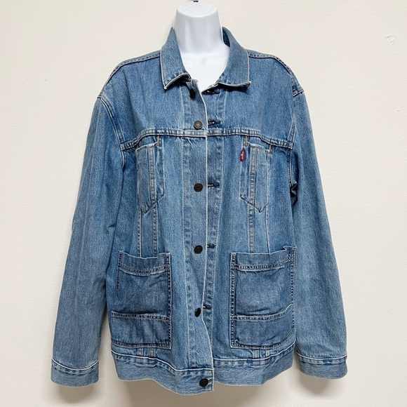 Levis Mens Medium Wash Button Up Altered Denim Worn In Trucker Jacket Size XL - Picture 10 of 12